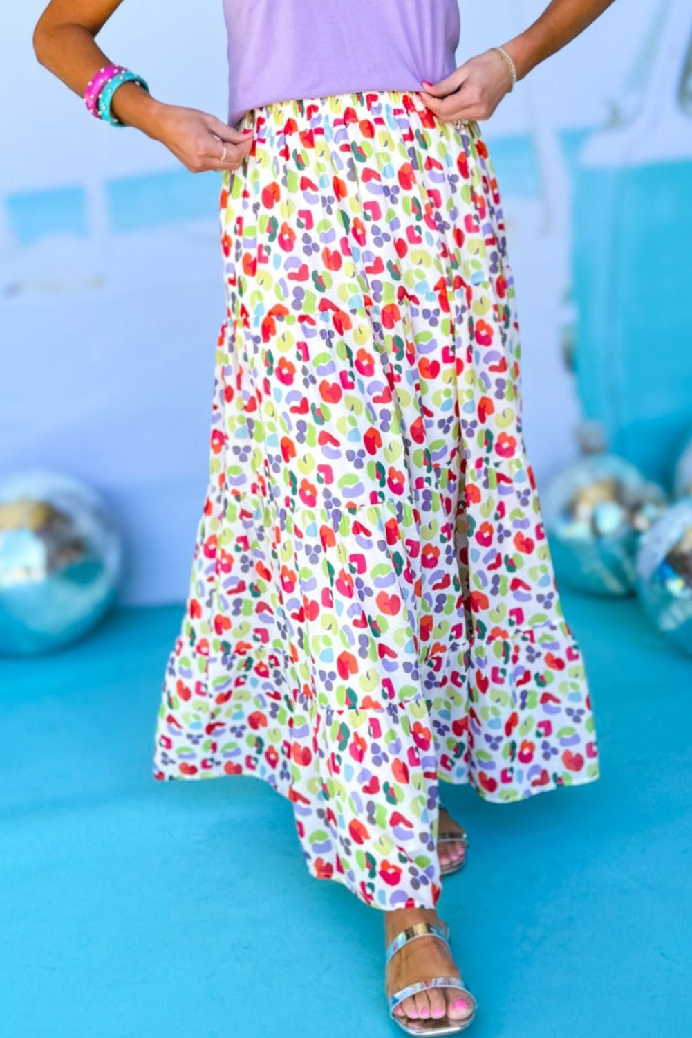 Pink Bohemian Abstract Print Tiered Maxi Skirt