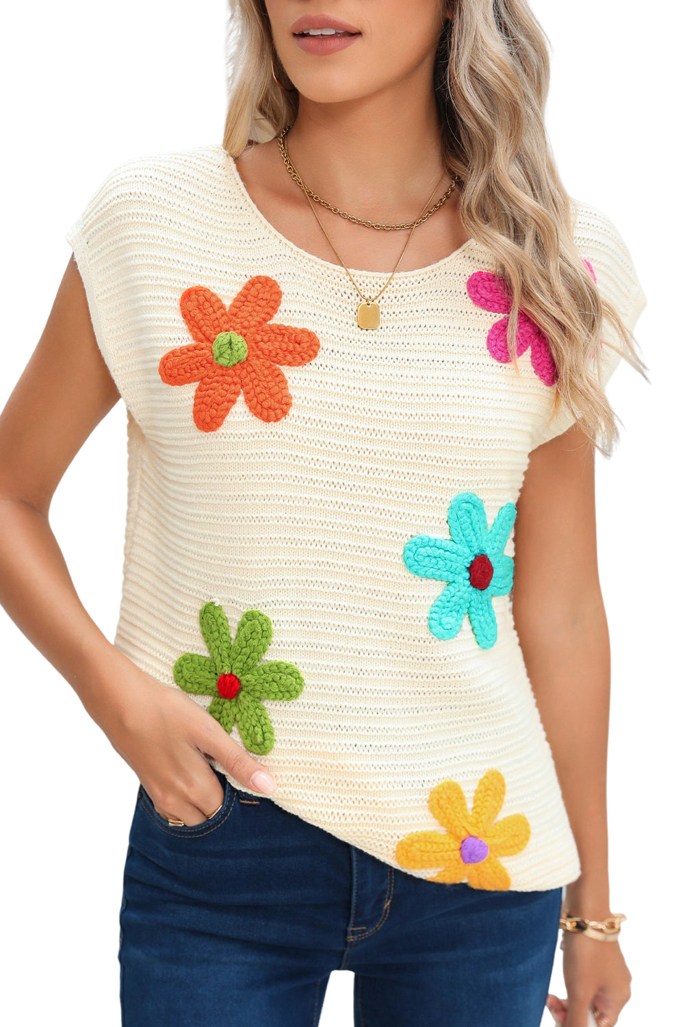 White Colorful Flower Crochet Knitted Top