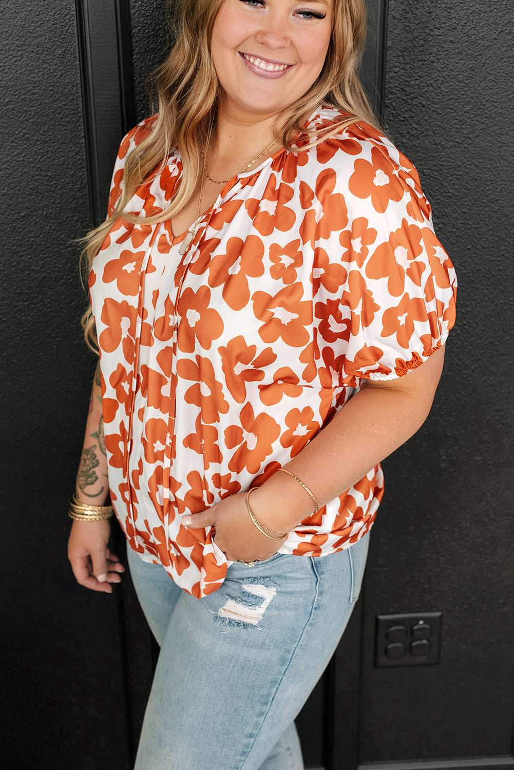 Orange Plus Size 60s Floral Print Drawstring V Neck Short Sleeve Blouse