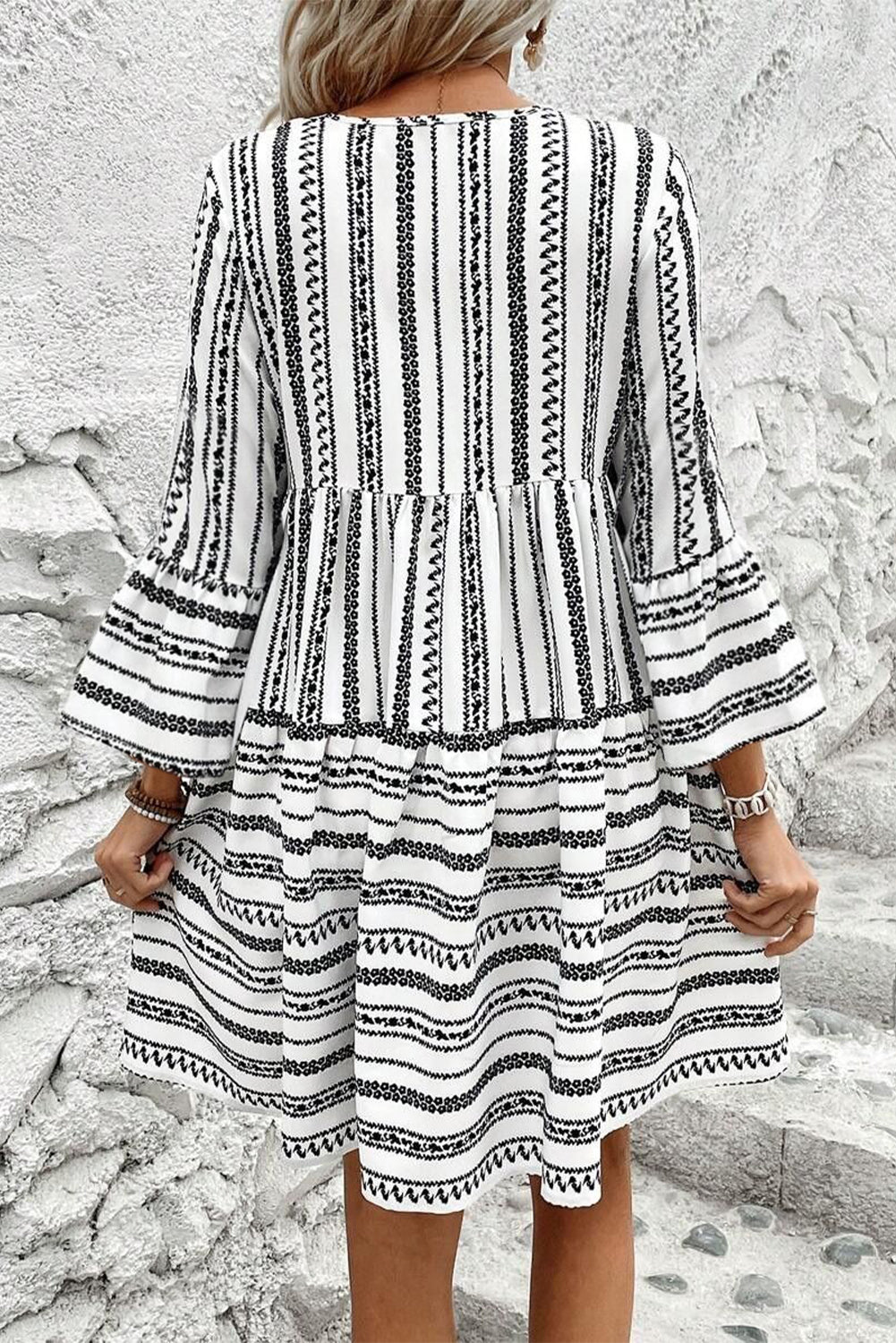 Black Striped Fringe Tie Neck Bell Sleeve V Neck Mini Dress