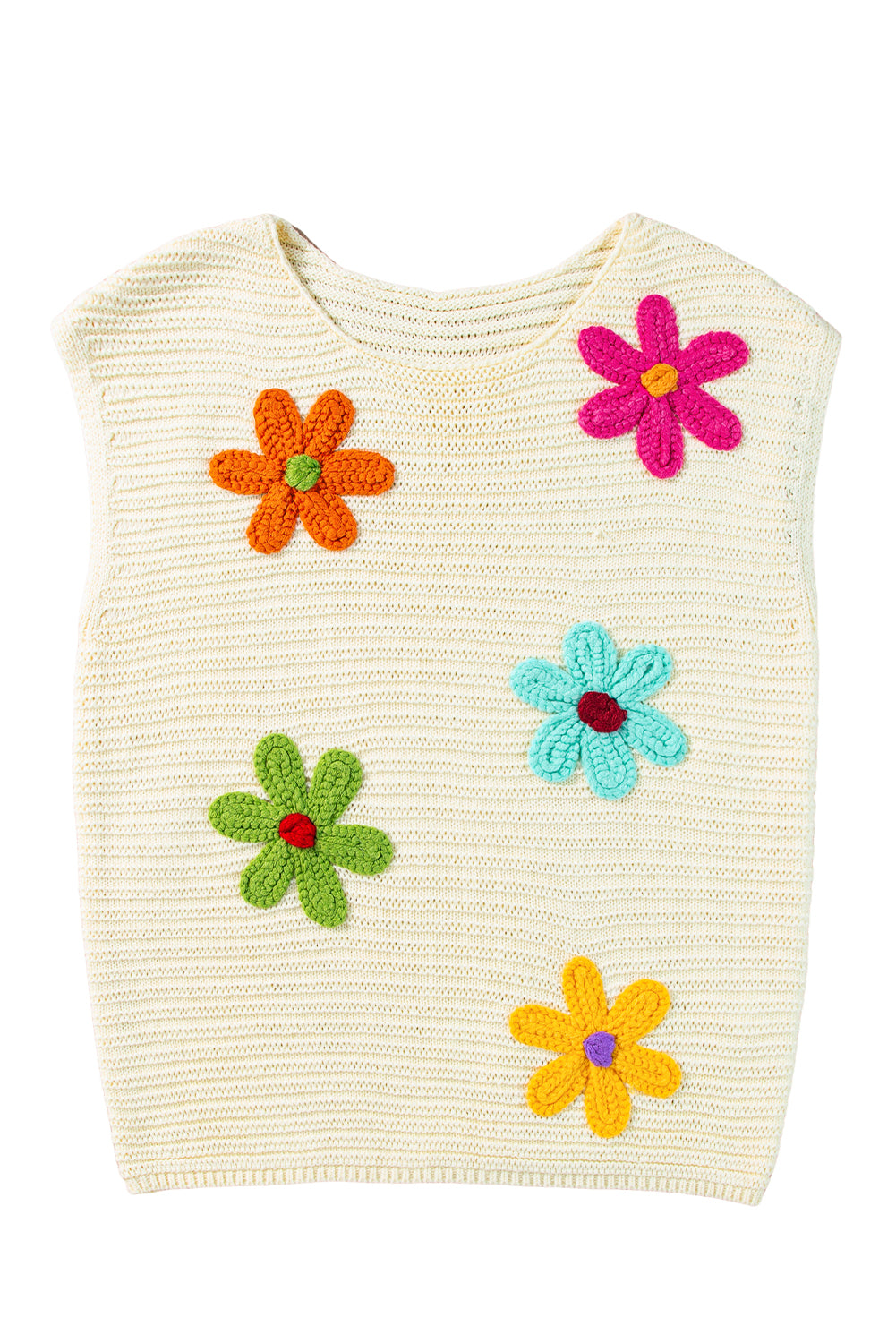 White Colorful Flower Crochet Knitted Top