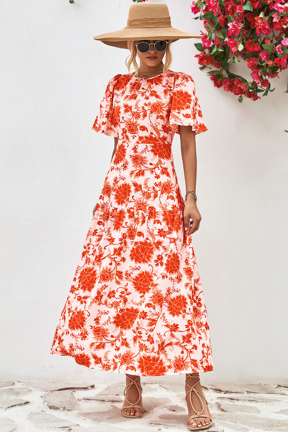 Orange Floral Print Knotted Back Round Neck Maxi Dress