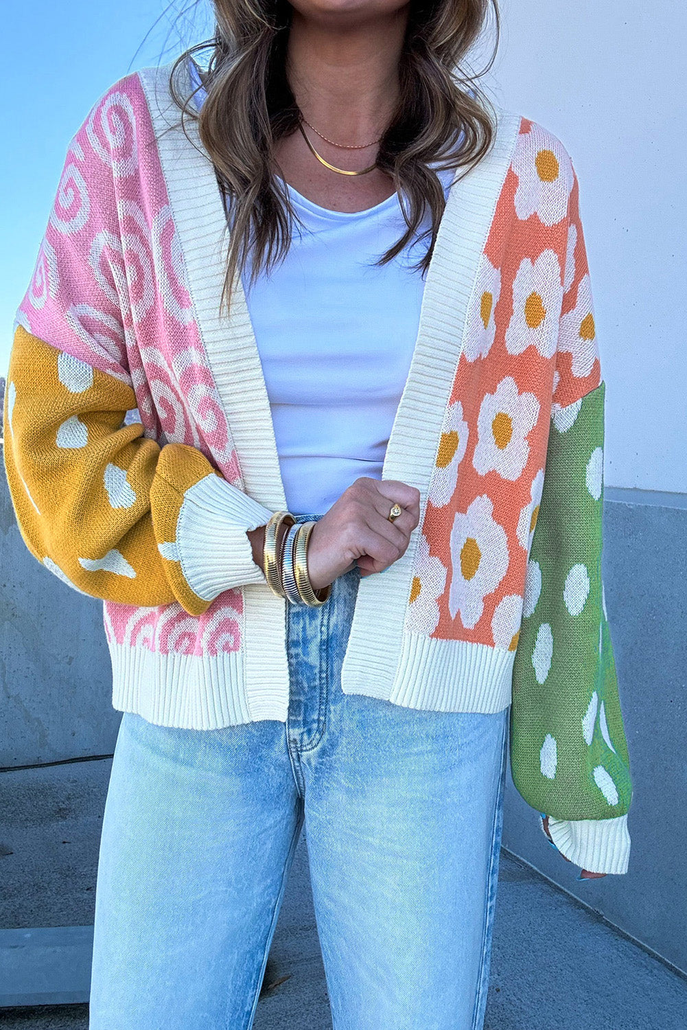 Orange Flower & Dotted Print Colorblock Open Front Cardigan