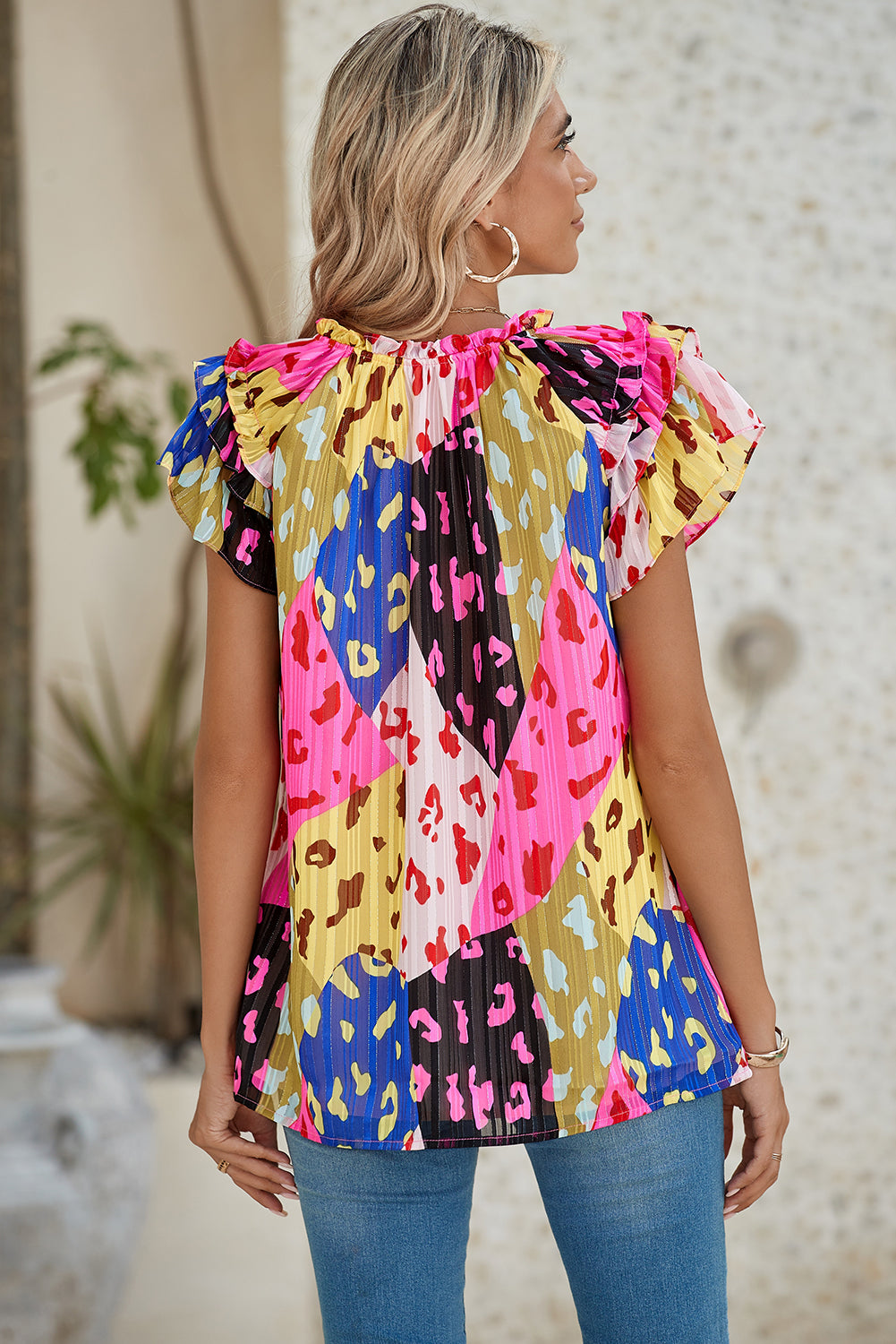 Multicolour Leopard Flutter Sleeve V Neck Crinkled Blouse