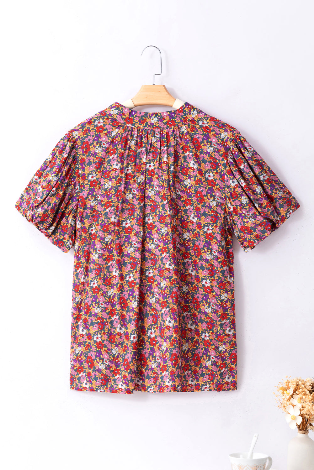 Purple Boho Floral Print Mock Neck Puff Sleeve Blouse