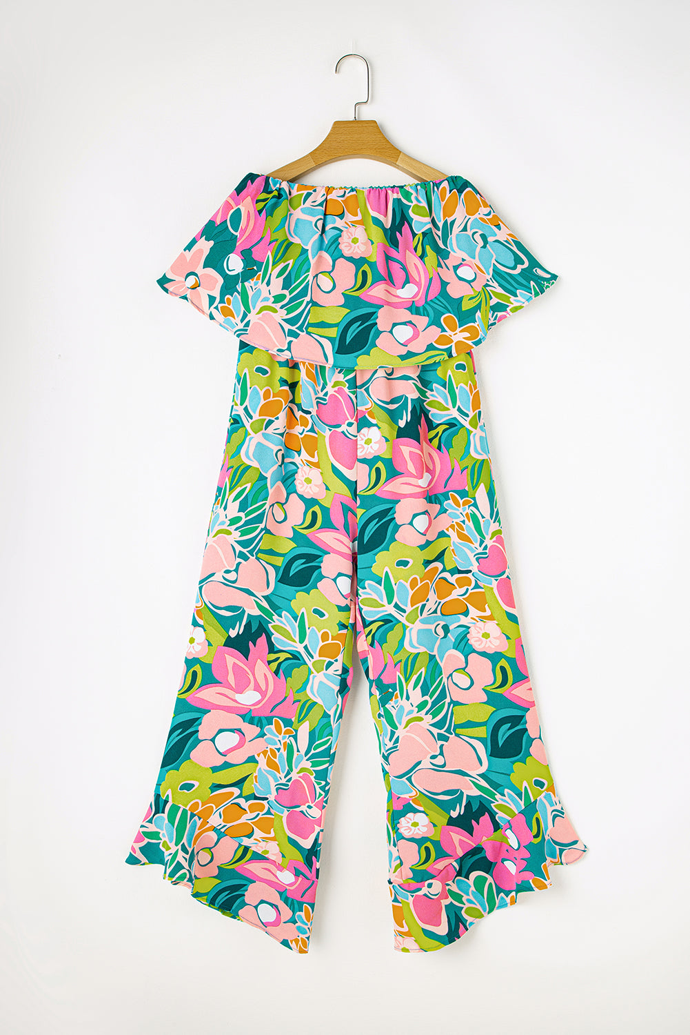 Blue Boho Tropical Print Ruffle Overlay Strapless Flared Jumpsuit