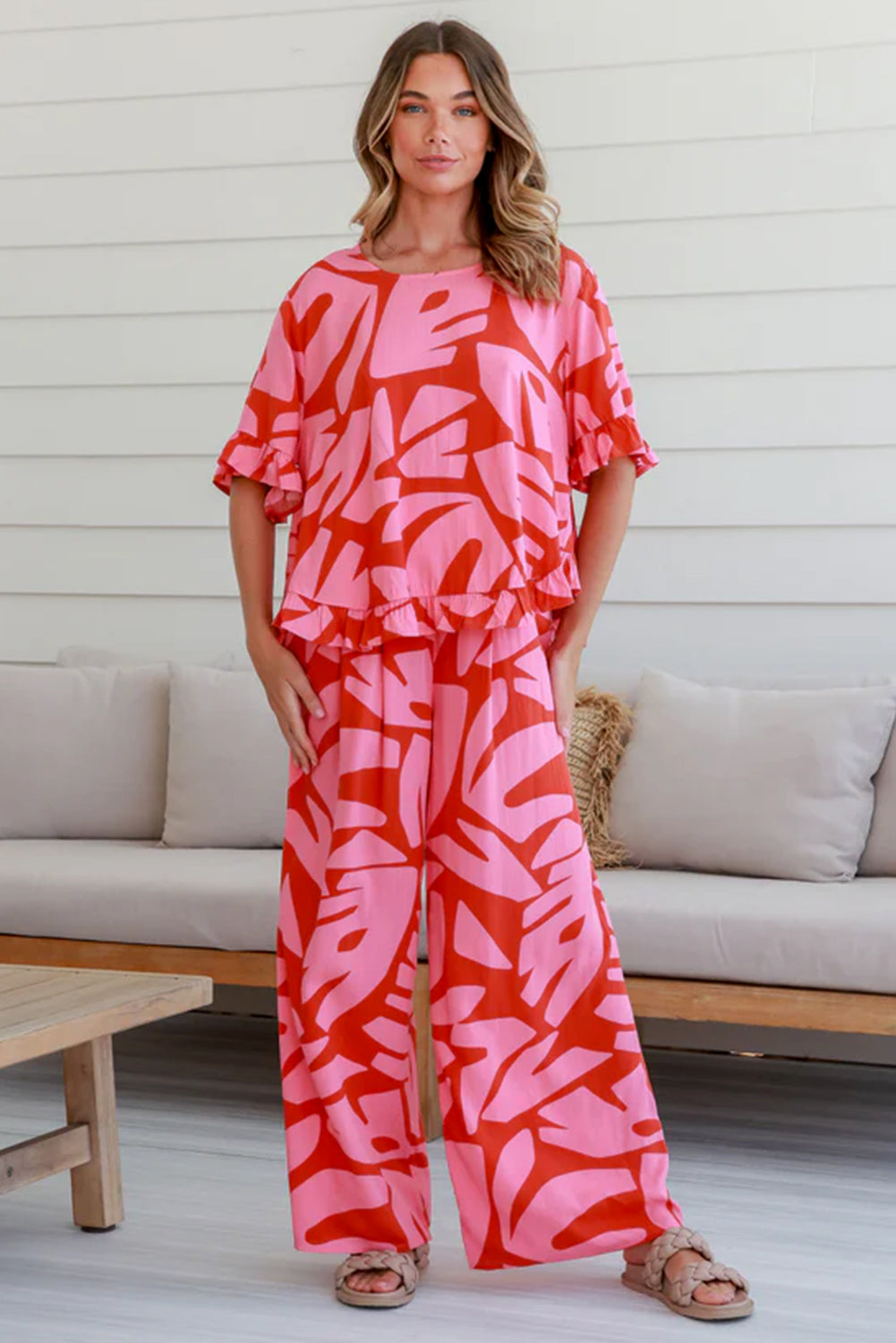 Strawberry Pink Abstract Print Ruffle Hem Tee and Wide Leg Pants Set