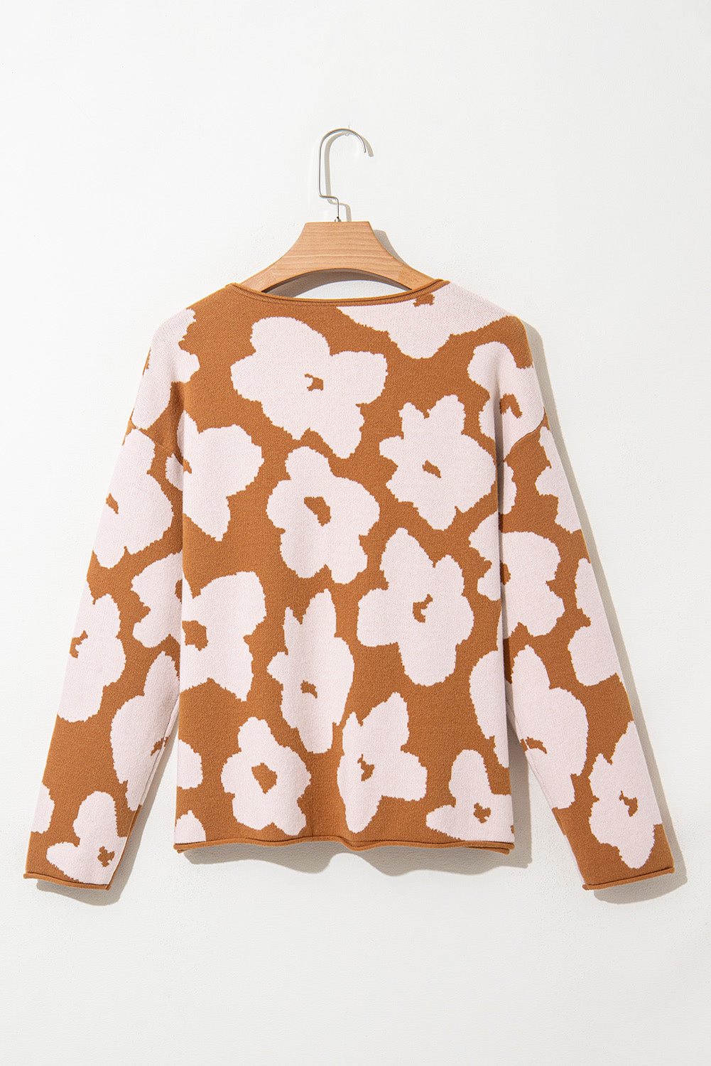 Brown Floral Pattern Crew Neck Long Sleeve Loose Sweater