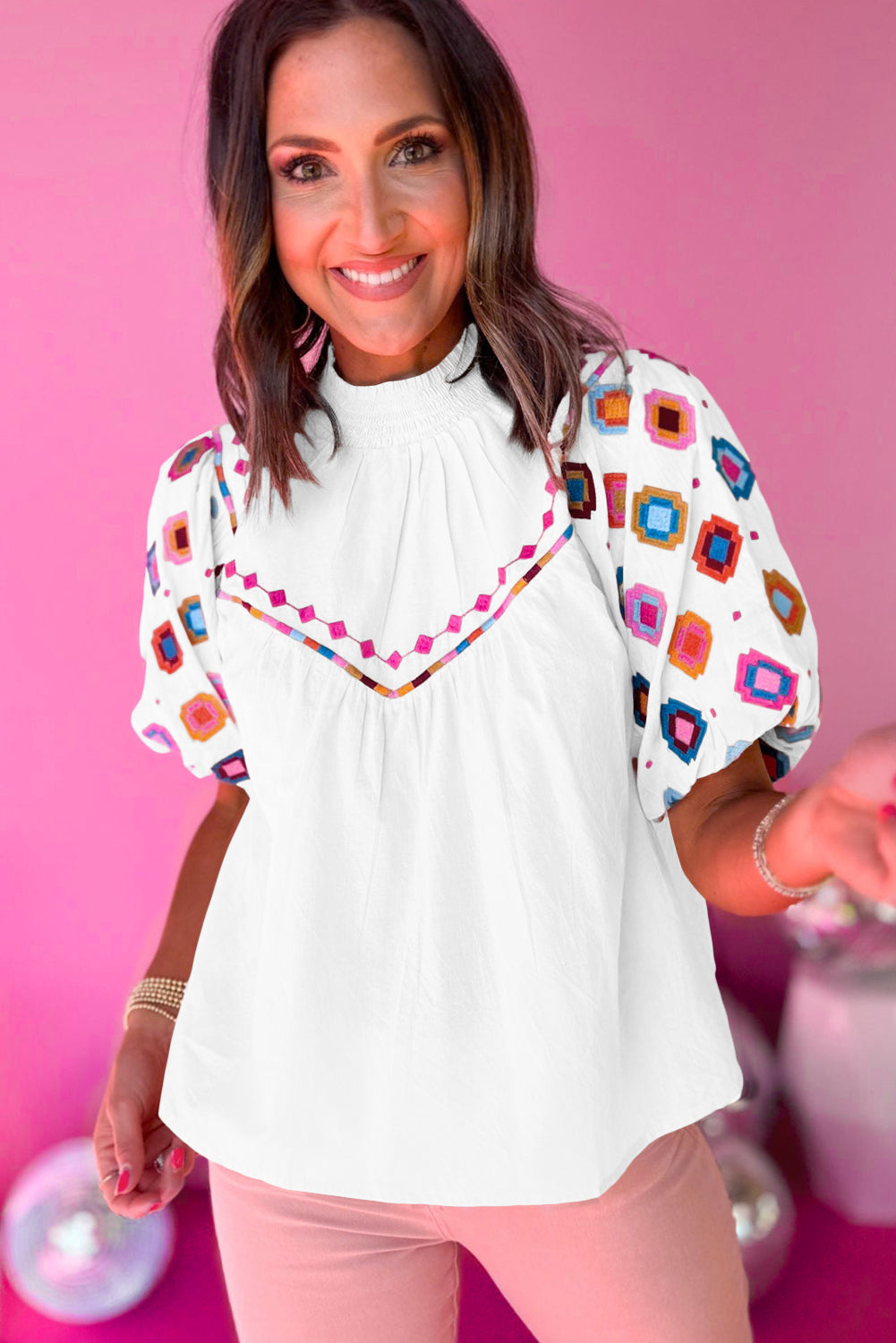 White Geometric Embroidered Smocked Neck Puff Sleeve Top