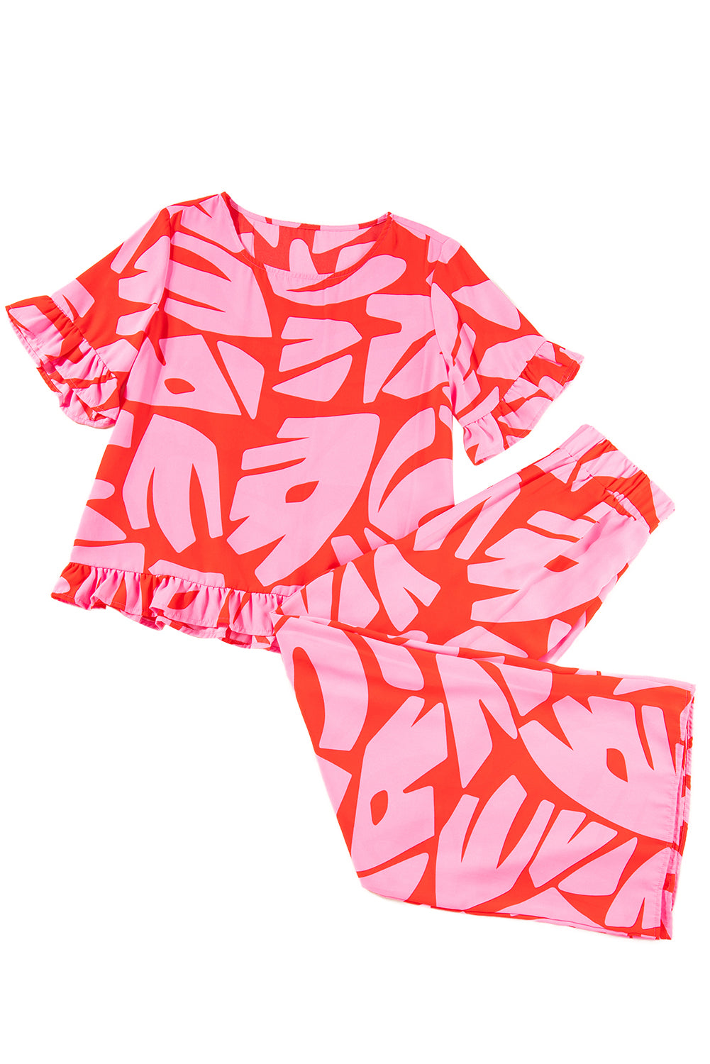 Strawberry Pink Abstract Print Ruffle Hem Tee and Wide Leg Pants Set