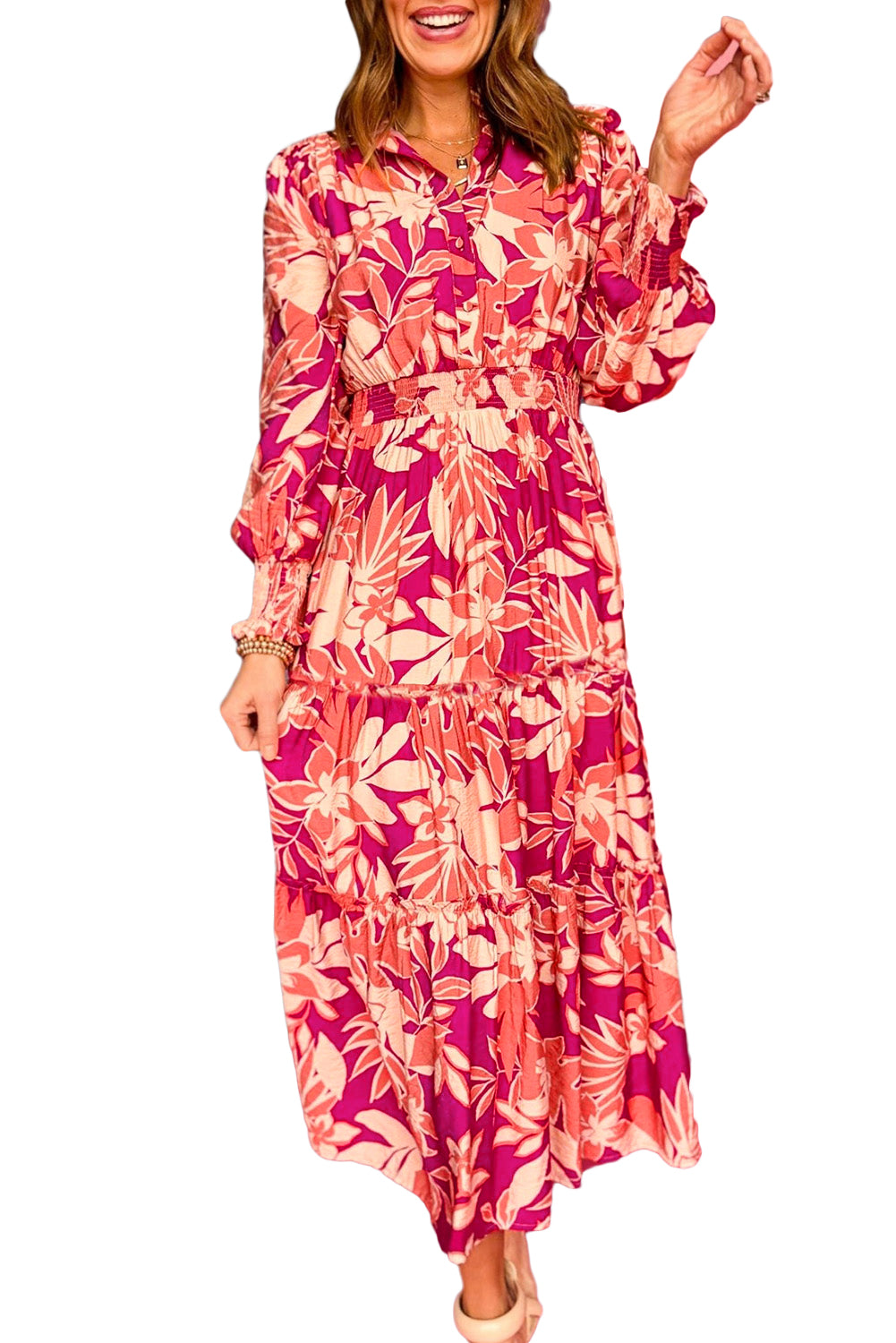 Rose Floral Print Buttoned Smocked High Waist Maxi Dress