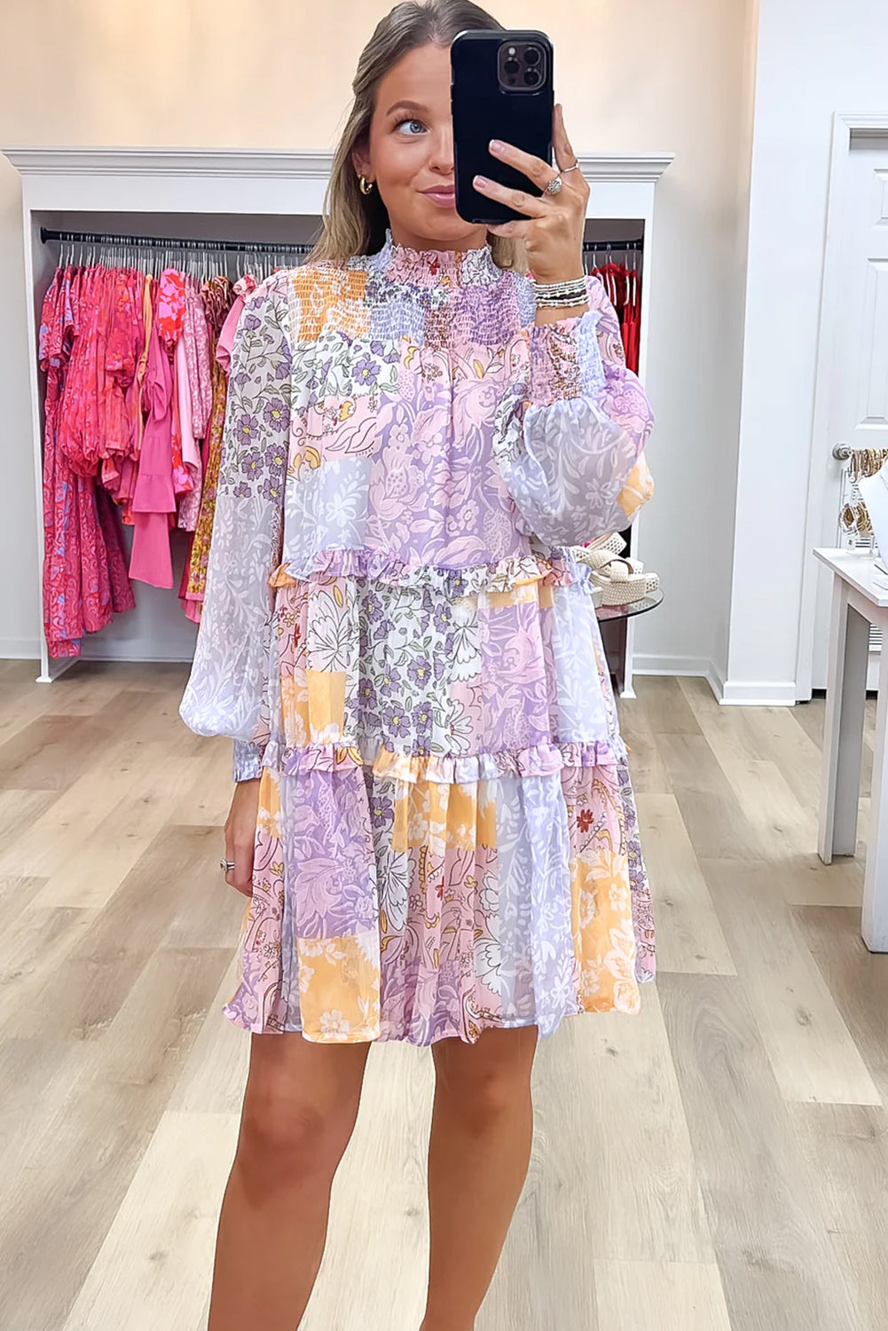 Multicolour Boho Floral Smocked Frill Mini Dress