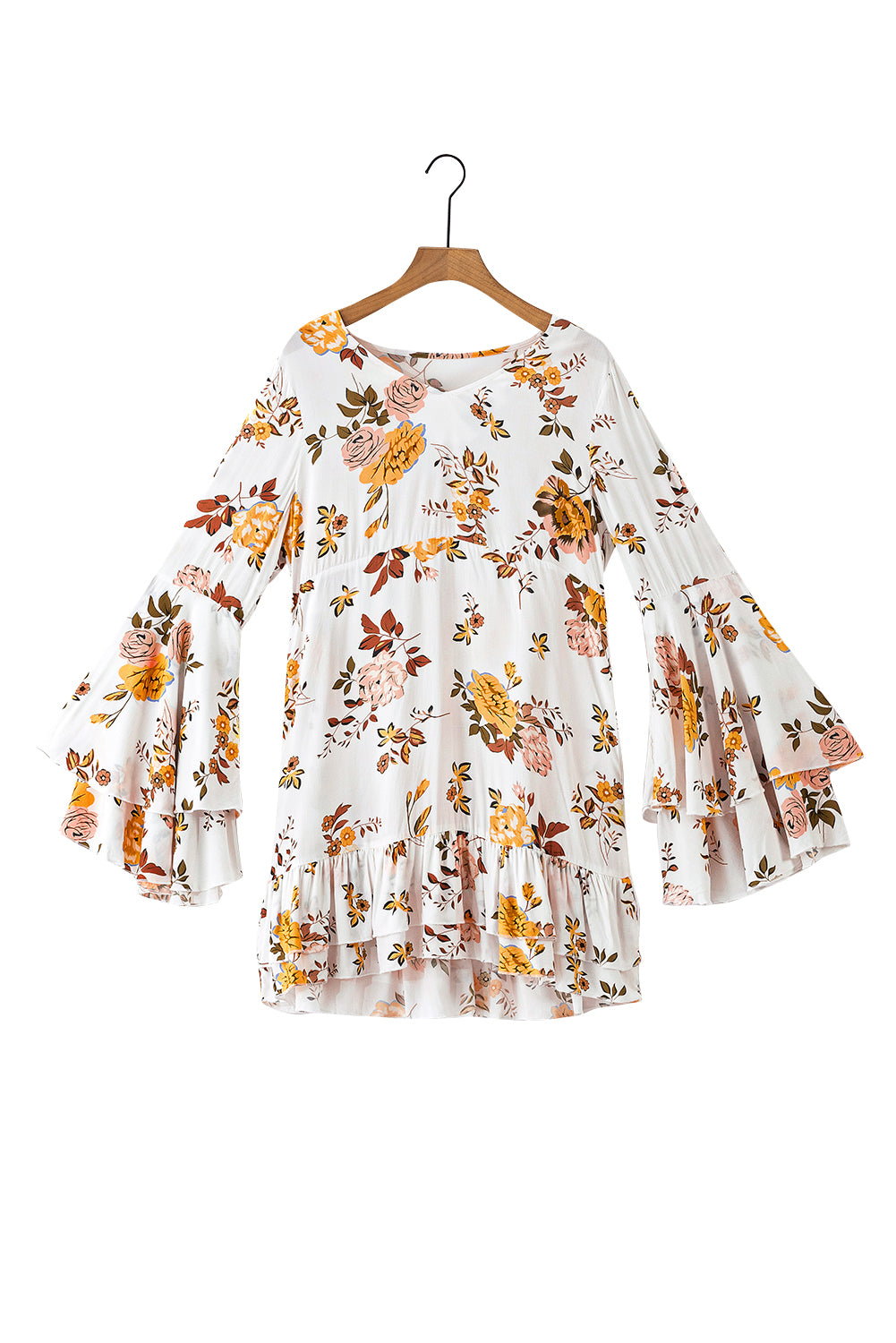 White Floral Layered Flounce Sleeve Ruffle Mini Dress