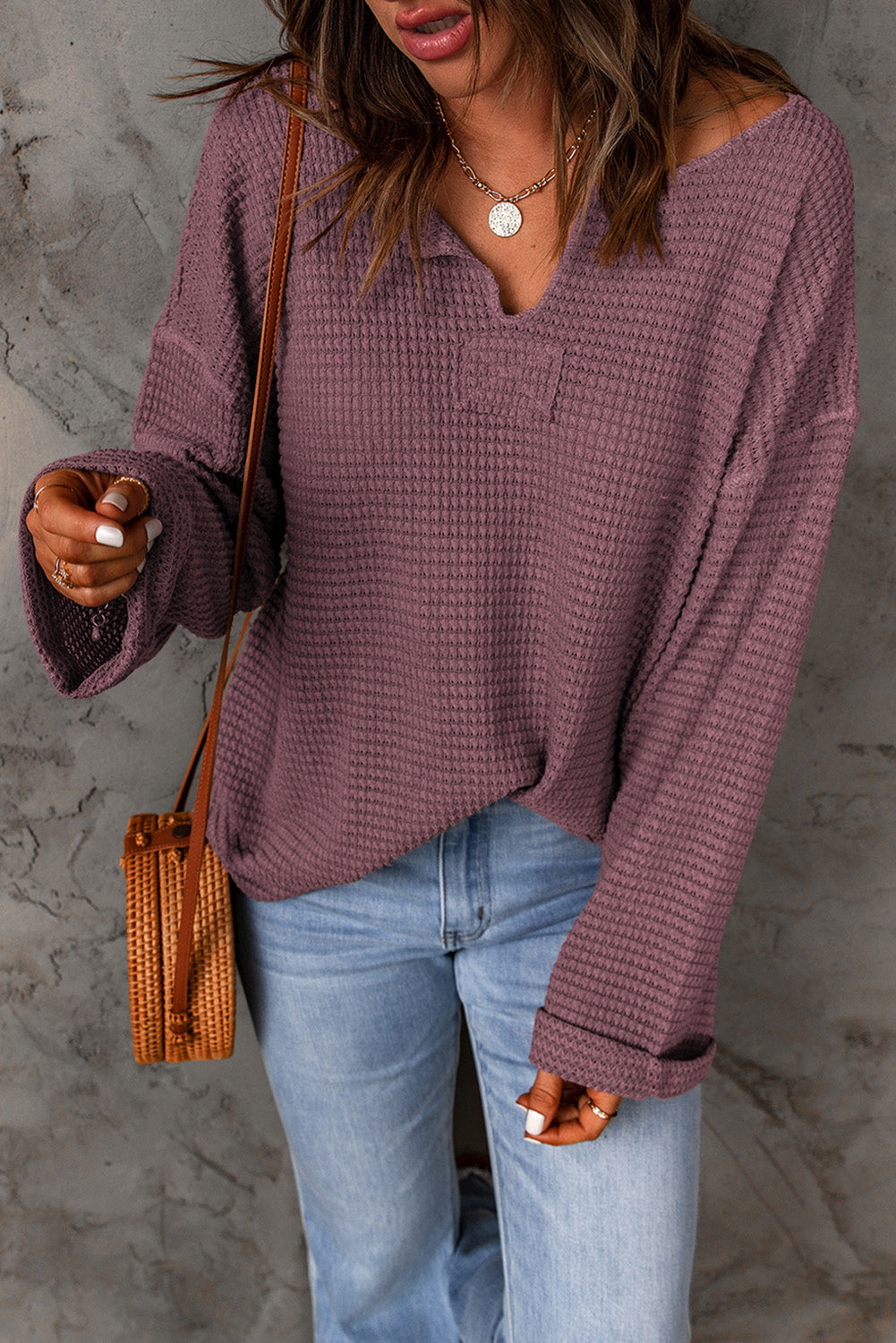 purple Waffle Knit Loose Long Sleeve Top