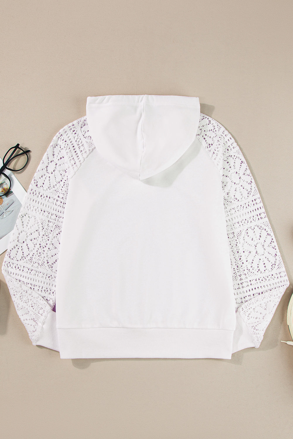 White Lace Patchwork Sleeve Drawstring Hoodie