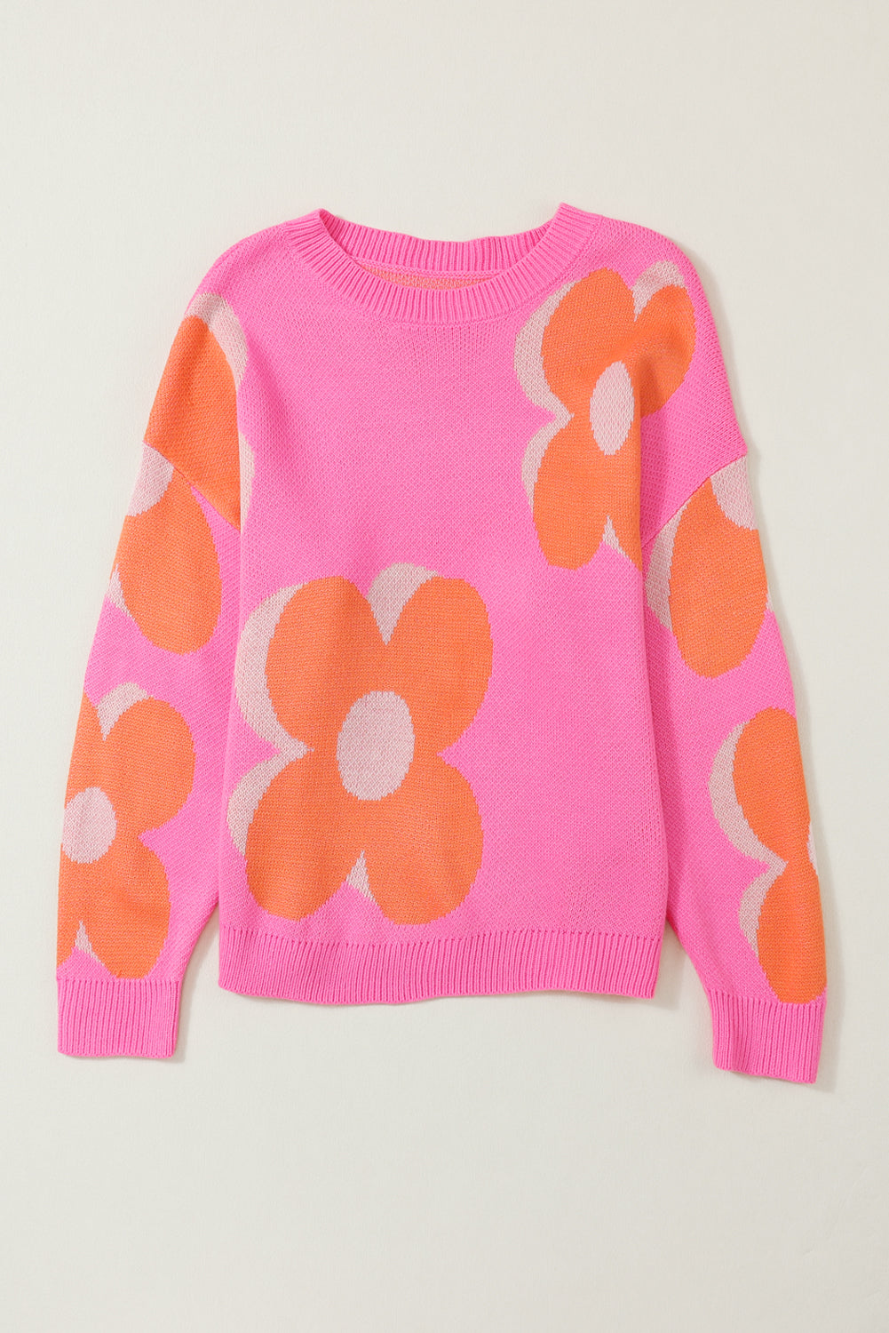 Pink & Orange 60s Floral Cable Knitted Sweater