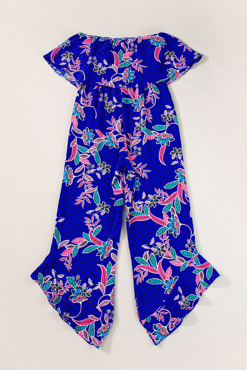 Blue Boho Tropical Print Ruffle Overlay Strapless Flared Jumpsuit