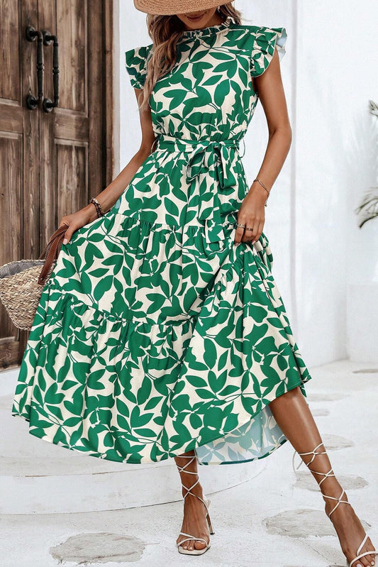 Green Leaf Print Ruffle Mock Neck High Waist Sleeveless Dress