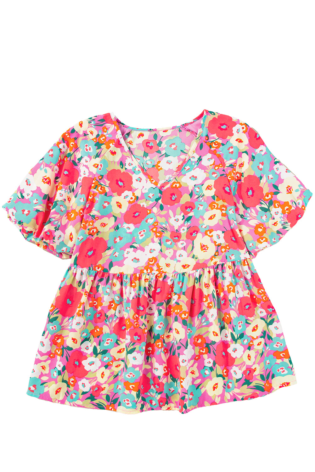 Multicolour Boho Floral Short Puff Sleeve Babydoll Blouse