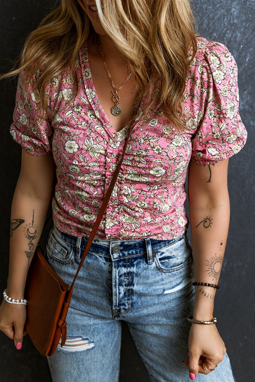 Pink Floral Short Puff Sleeve V Neck Smocked Blouse