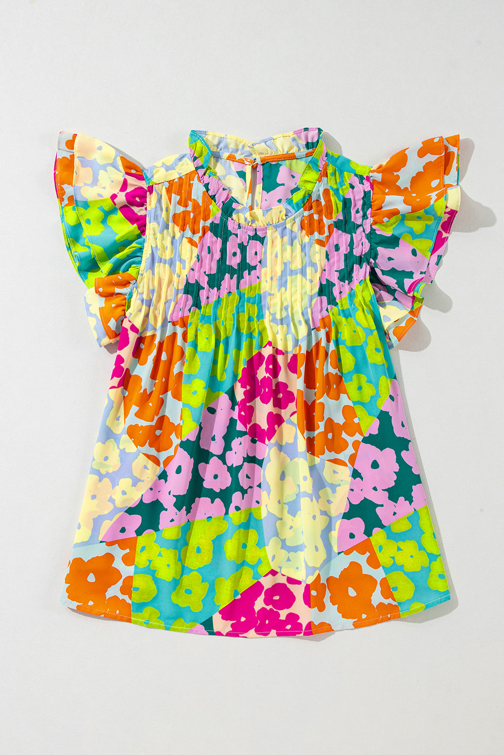 Multicolor Abstract Print Layered Ruffle Sleeve Pleated Blouse