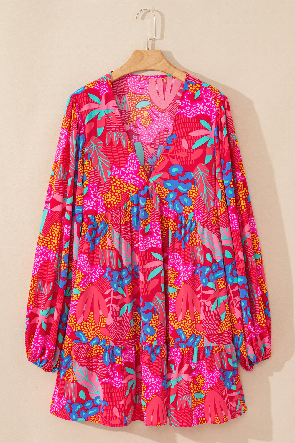 Rose Tropical Printed Lantern Sleeve V Neck Ruffled Plus Size Mini Dress