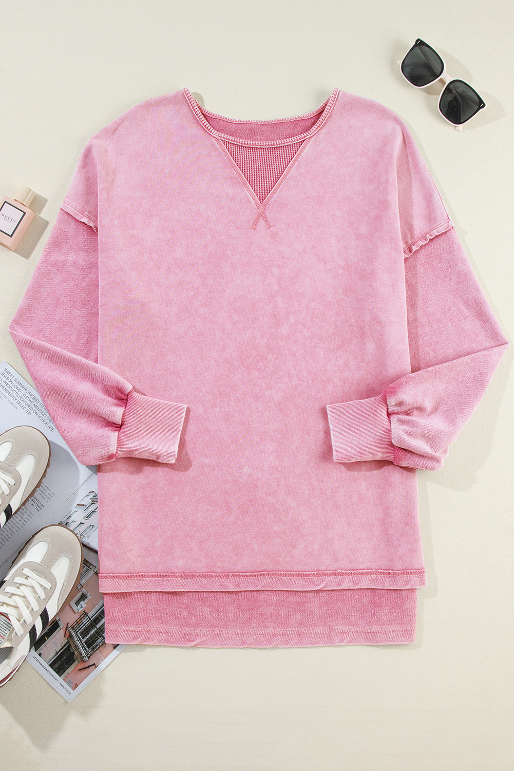 Strawberry Pink Mineral Wash Drop Shoulder Pullover Sweatshirt