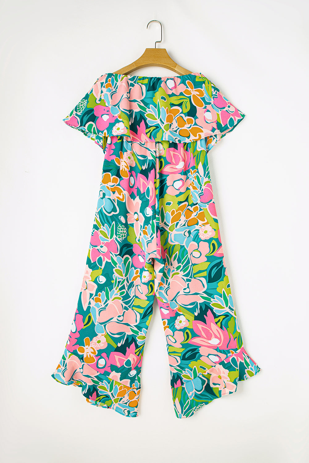 Blue Boho Tropical Print Ruffle Overlay Strapless Flared Jumpsuit