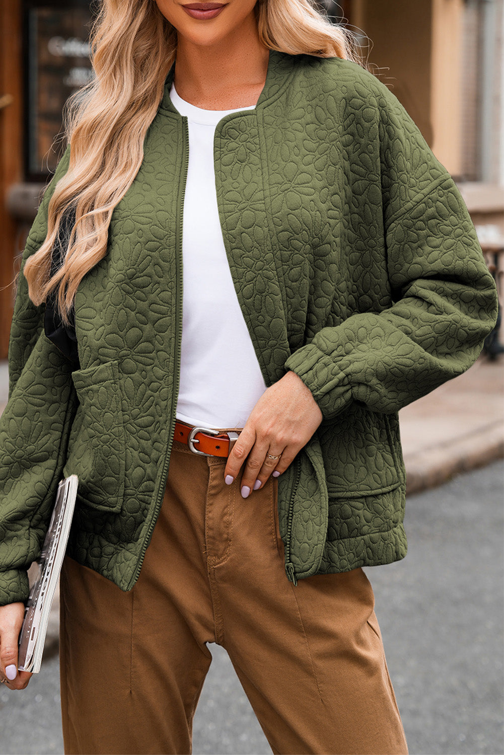 Black Floral Embossed Plain Zip Up Jacket