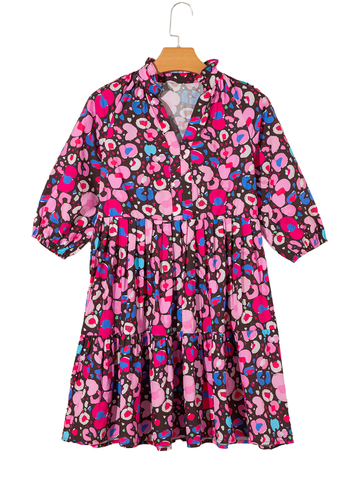 Rose Abstract Print V Neck Collared Half Sleeve Short Dress