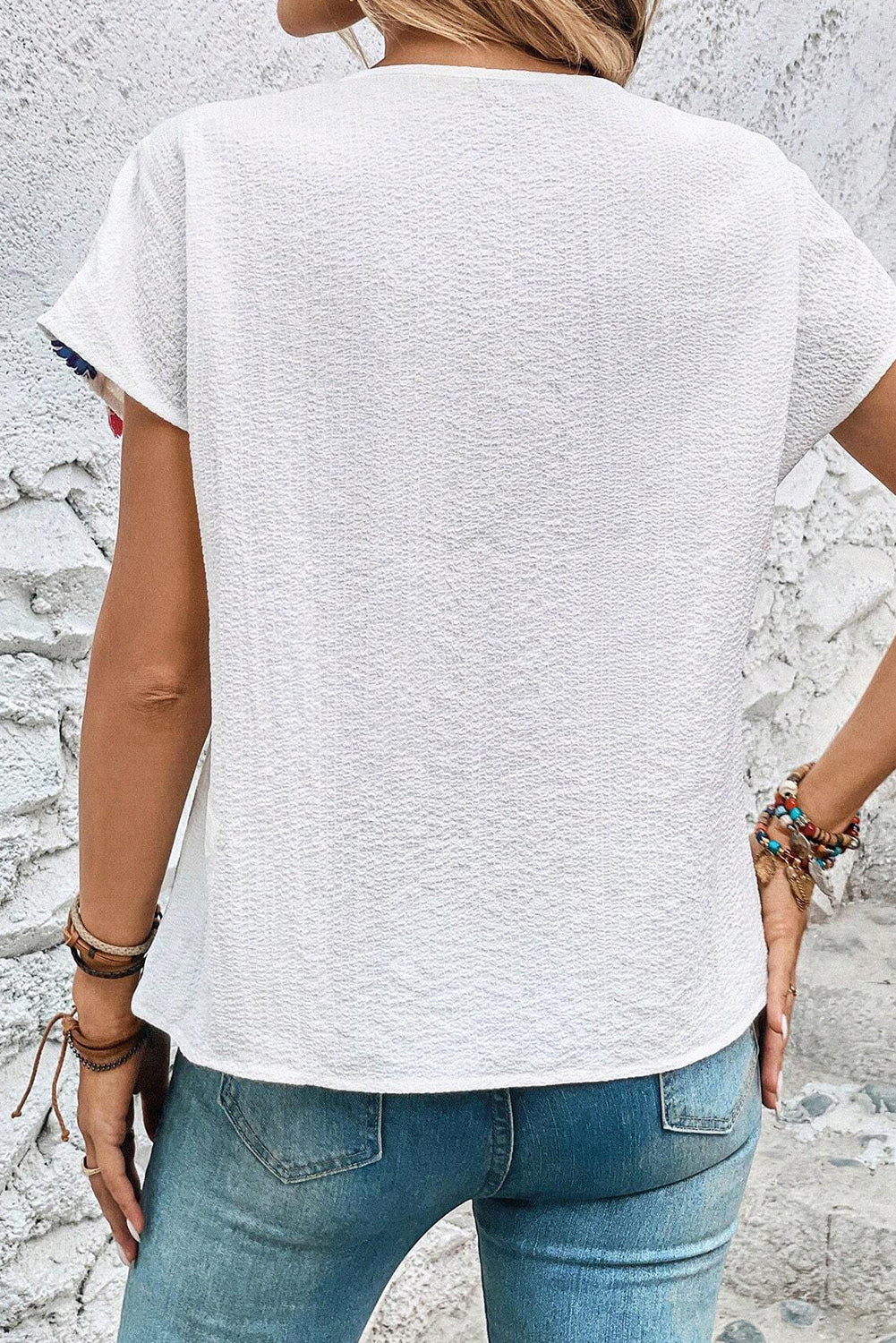 White Boho Embroidered V Neck Fringe Short Sleeve Blouse