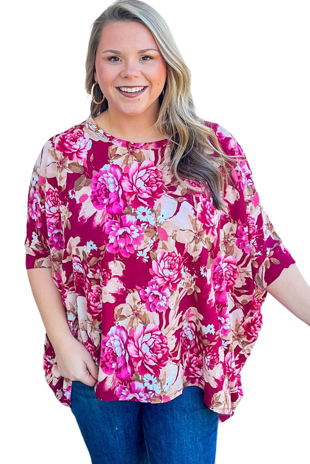 Red Plus Size Floral Print Half Sleeve Blouse