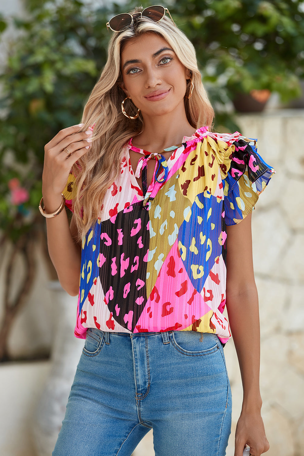 Multicolour Leopard Flutter Sleeve V Neck Crinkled Blouse