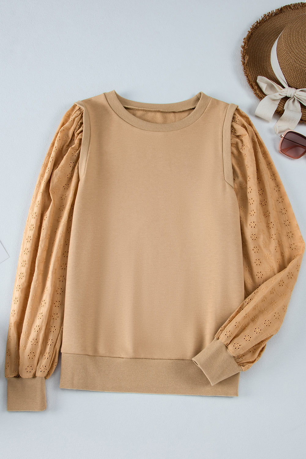 Pale Khaki Textured Patchwork Round Neck Sweatshirt