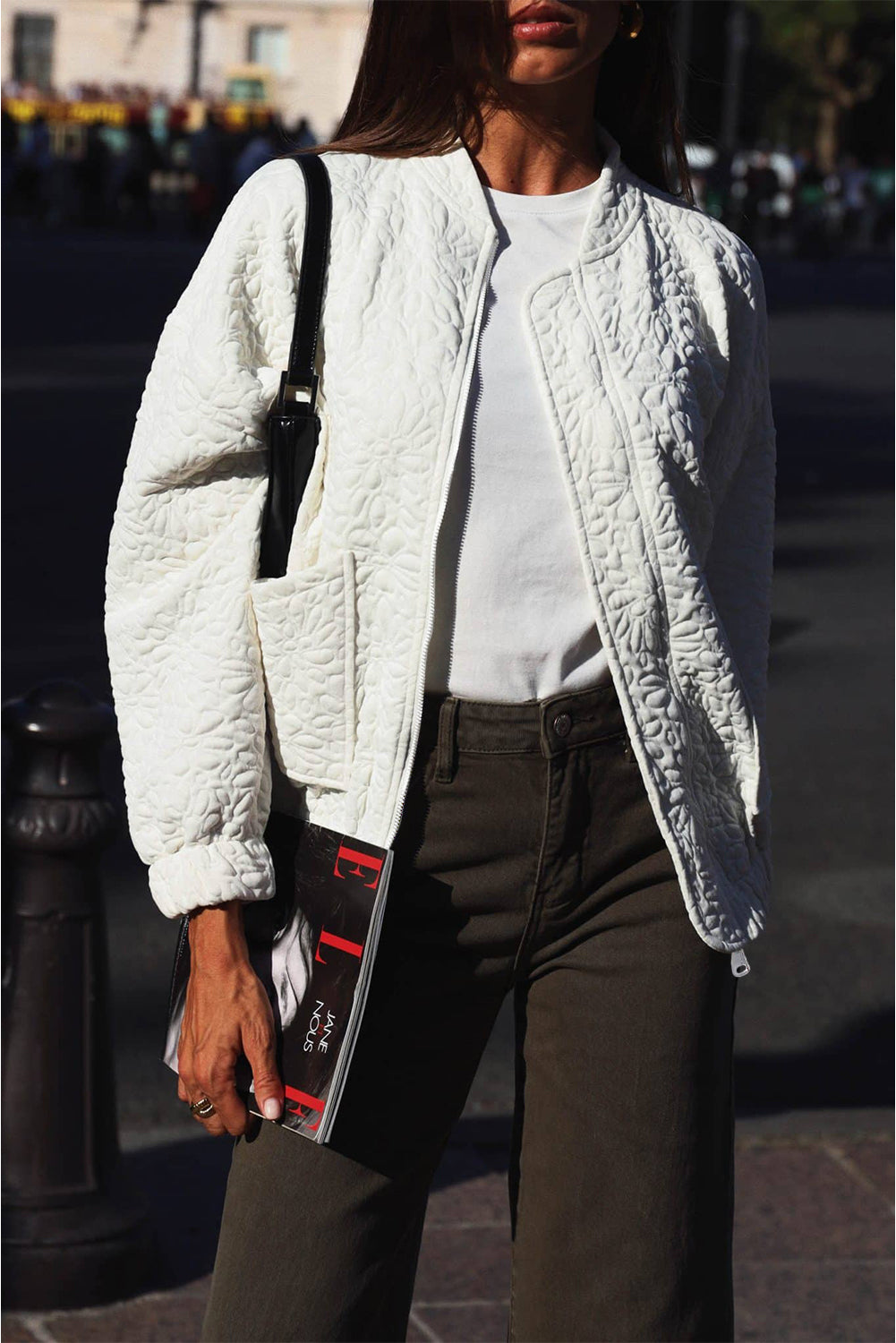 Black Floral Embossed Plain Zip Up Jacket