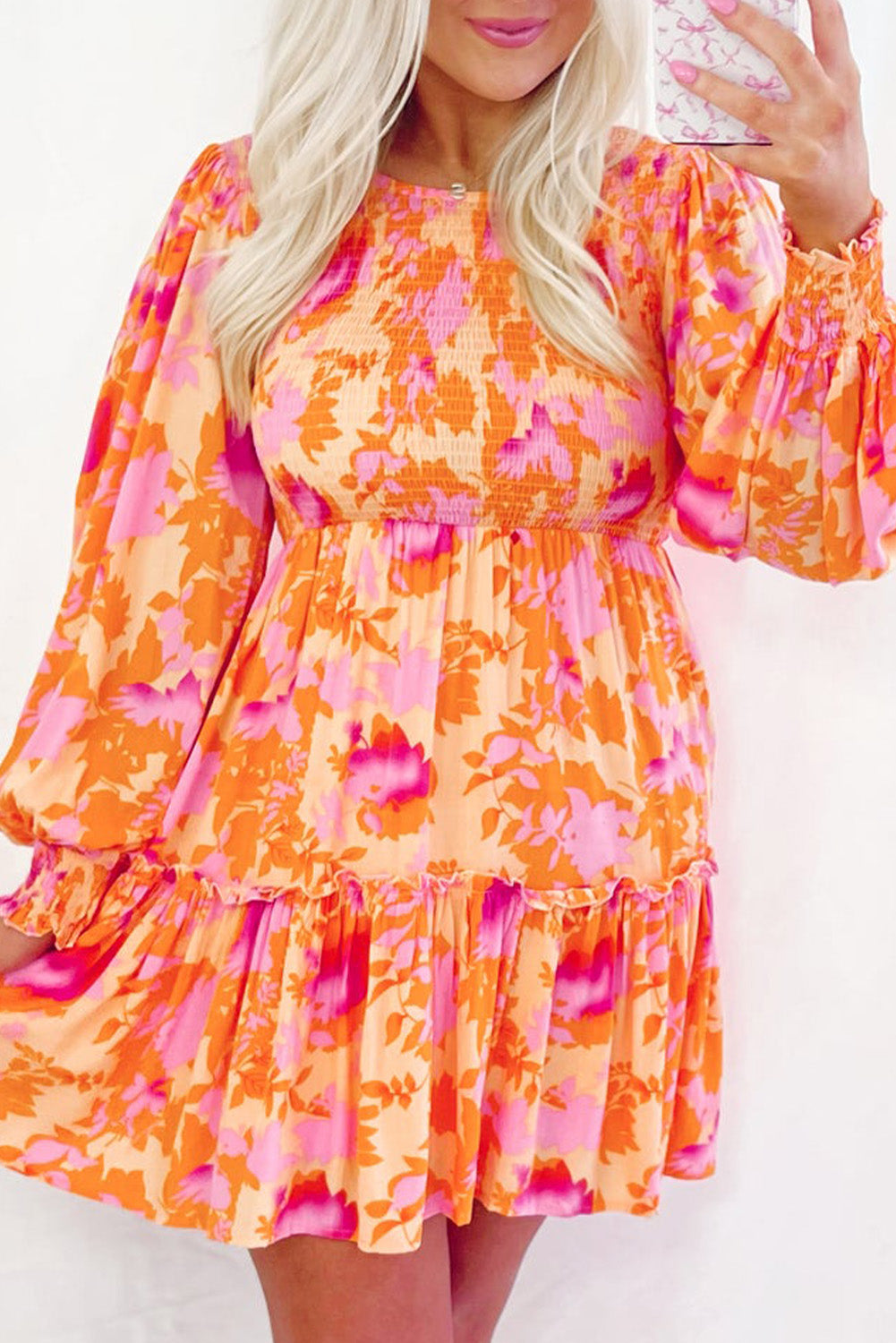 Orange Abstract Print Smocked Bust Lantern Sleeve Ruffle Mini Dress