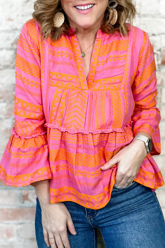 Vitality Orange Geometric Bell Sleeve Plus Size Babydoll Top