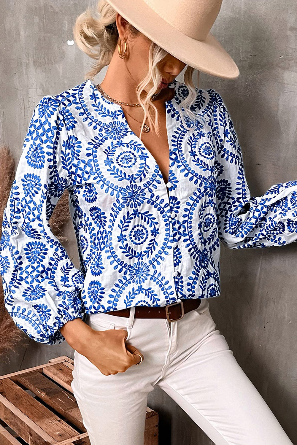 Sky Blue Embroidered V Neck Puff Sleeve Boho Blouse