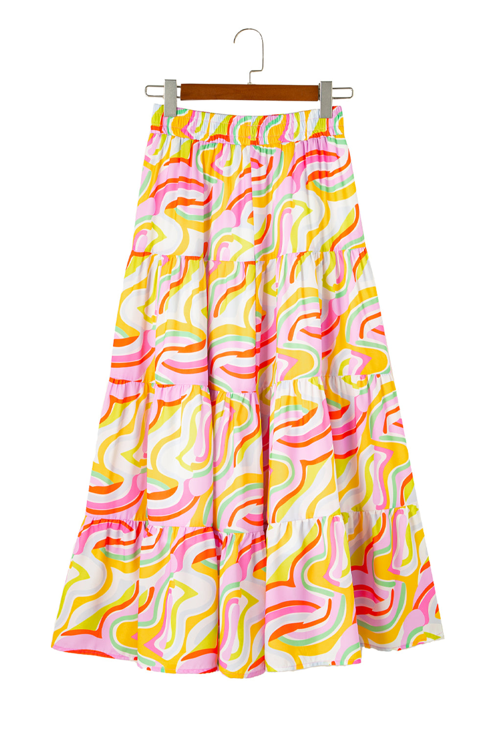 Pink Bohemian Abstract Print Tiered Maxi Skirt