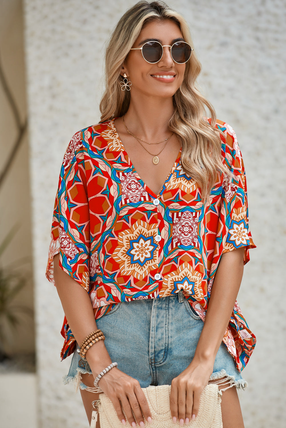 Red Floral Print V Neck Button Decor Batwing Blouse