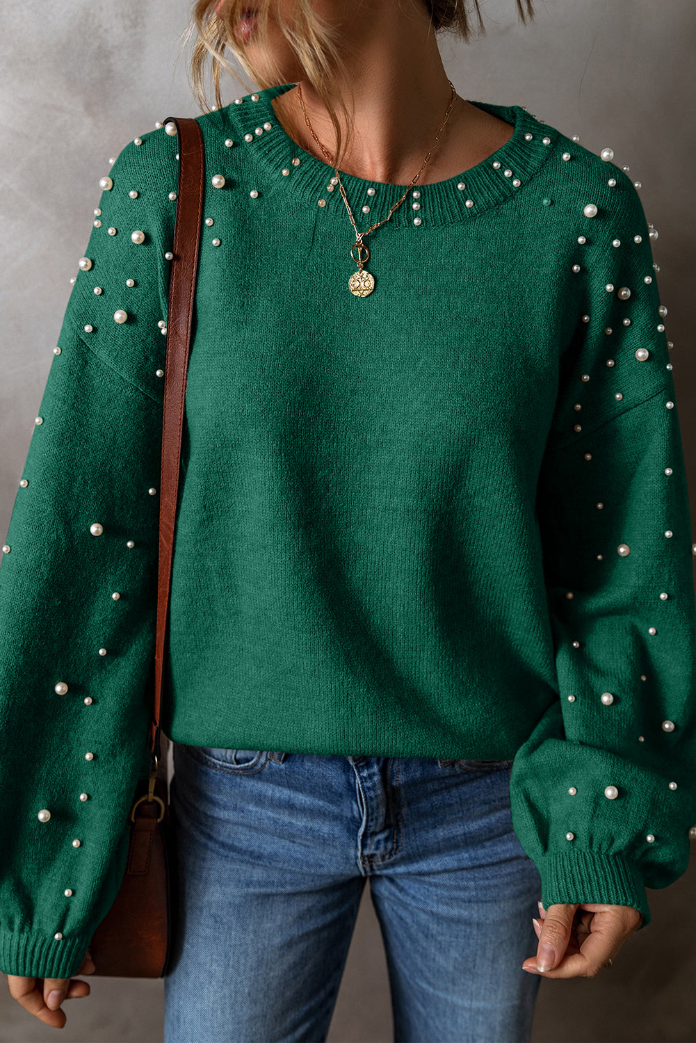 Evergreen Pearled Drop Shoulder Round Neck Sweater