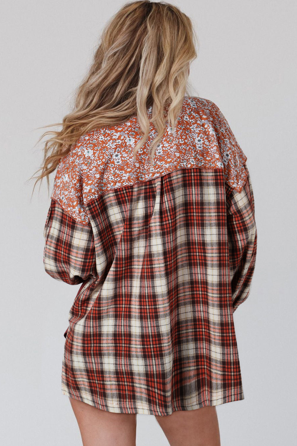 Fiery Red Floral Plaid Mixed Print Bishop Sleeve Patchwork Top