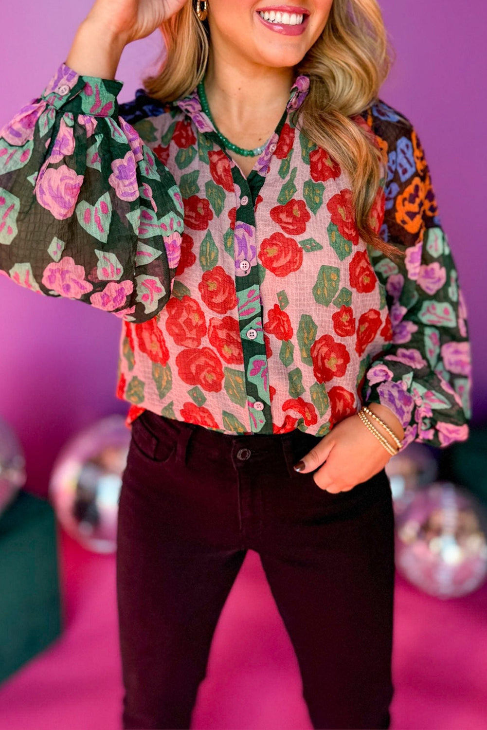 Red Colorblock Floral Print Puff Sleeve Shirt