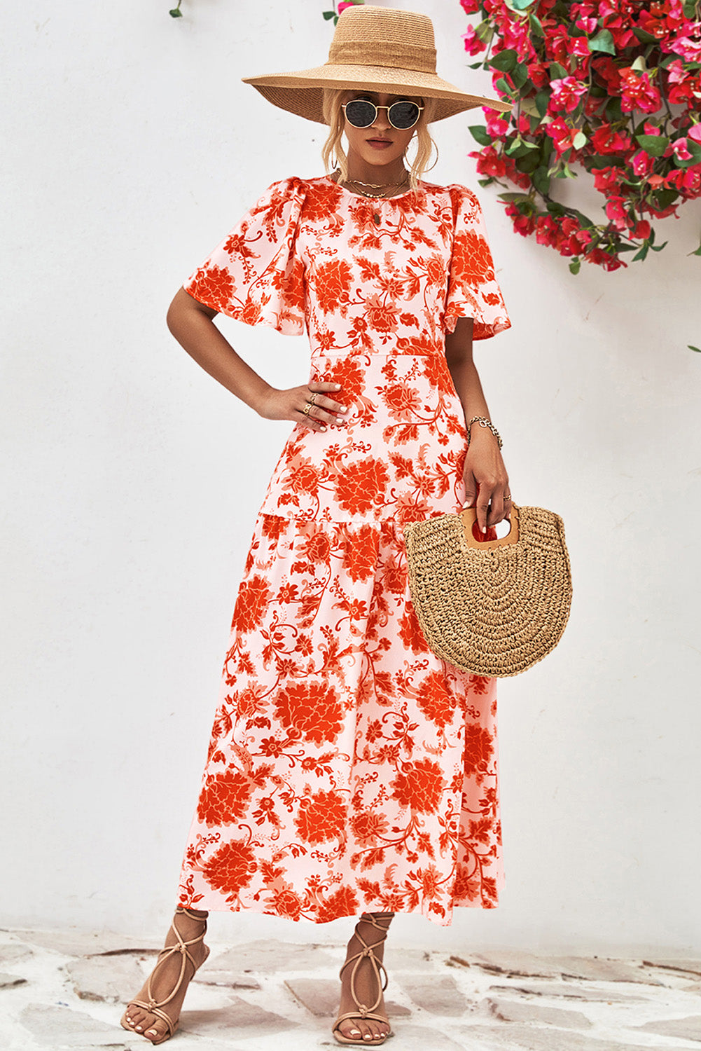 Orange Floral Print Knotted Back Round Neck Maxi Dress