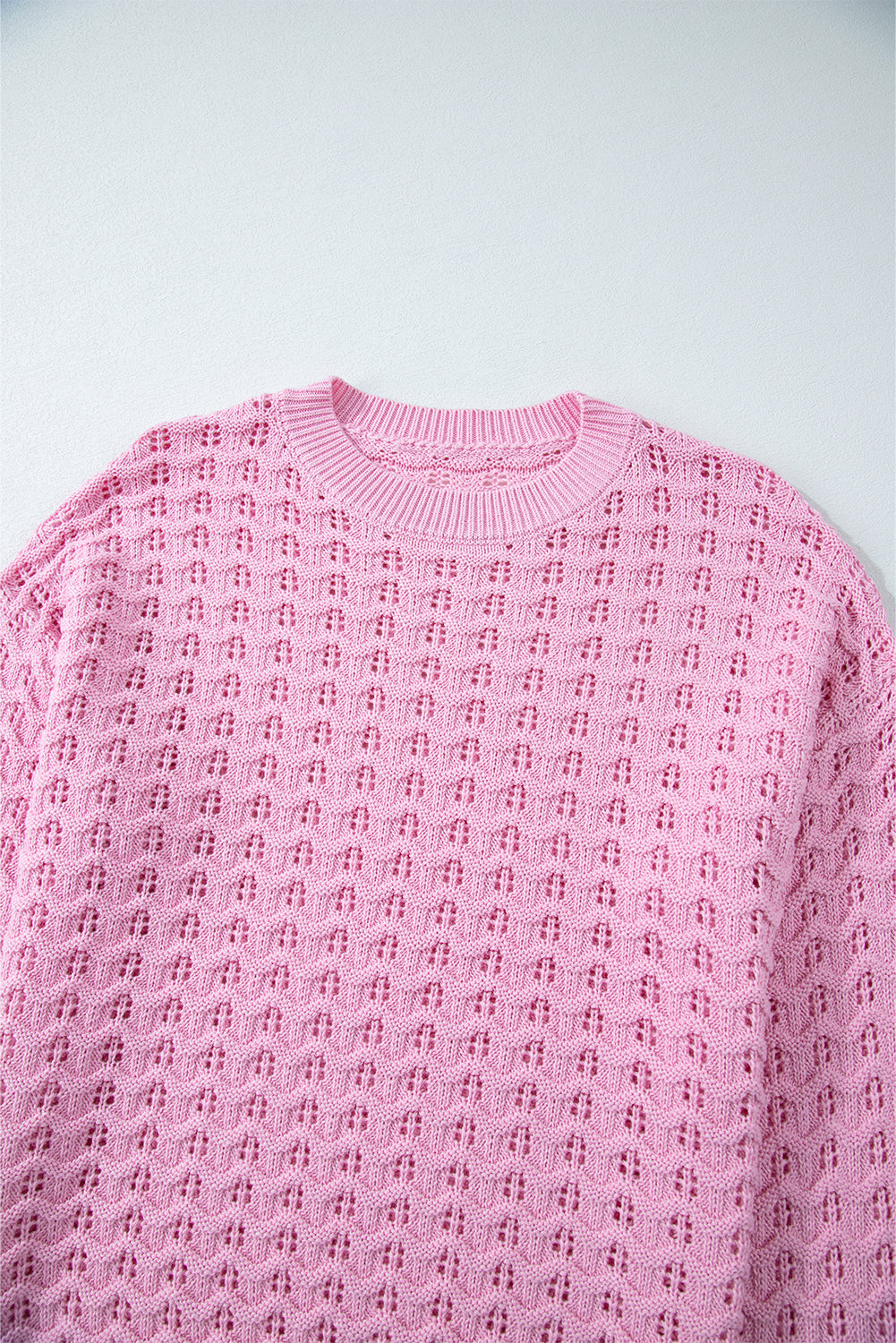 Pink Crochet Knit Drop Shoulder Sweater