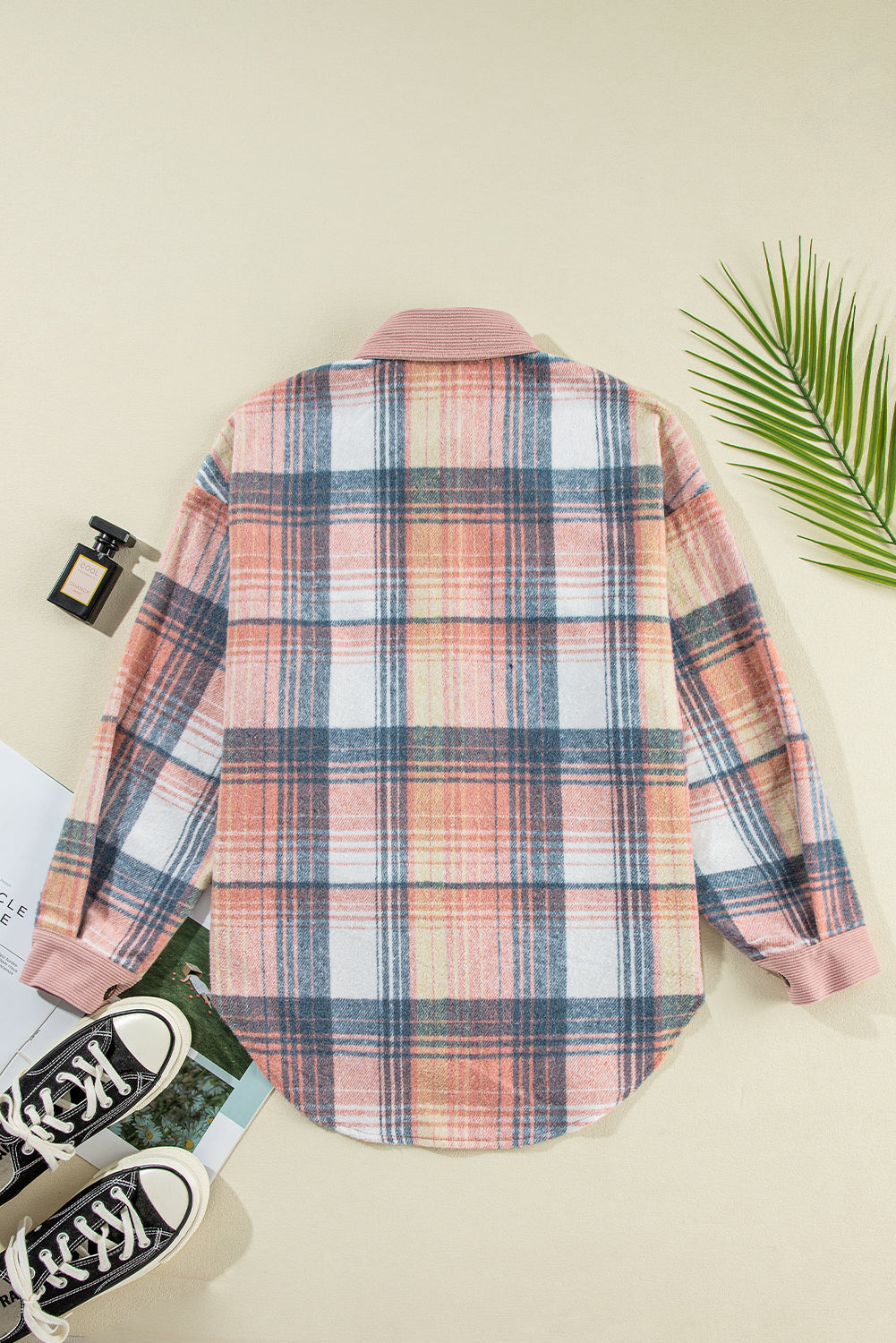 Light Pink Plaid Corduroy Patchwork Chest Pocket Shacket