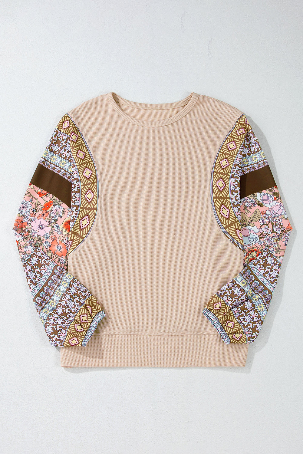 Parchment Contrast Floral Patchwork Puff Sleeve Waffle Knit Top