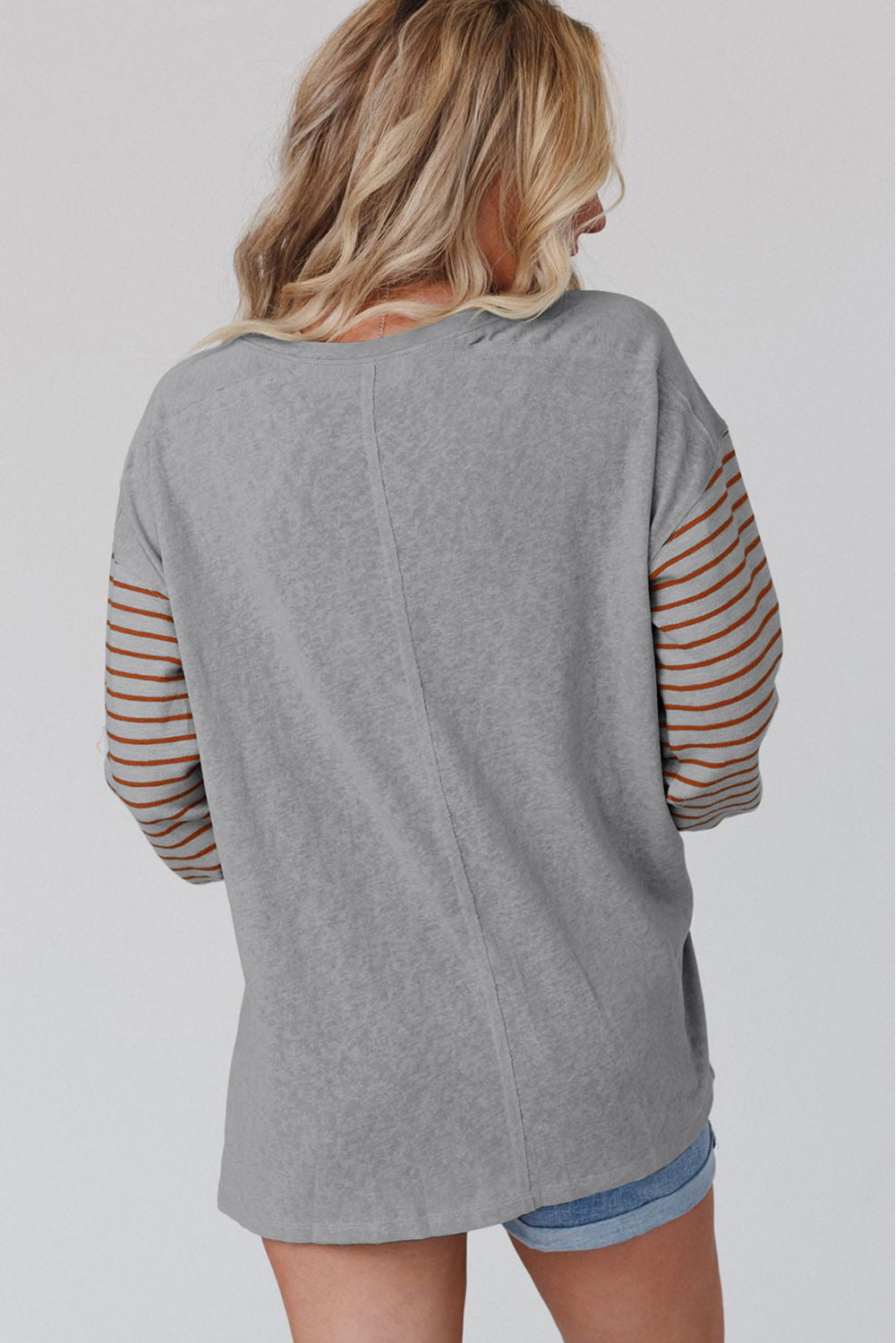 Gray Colorblock Striped Bishop Sleeve Top