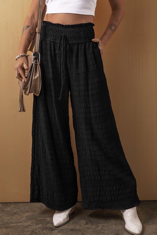 Black Textured Wide Smocked Waist Loose Pants