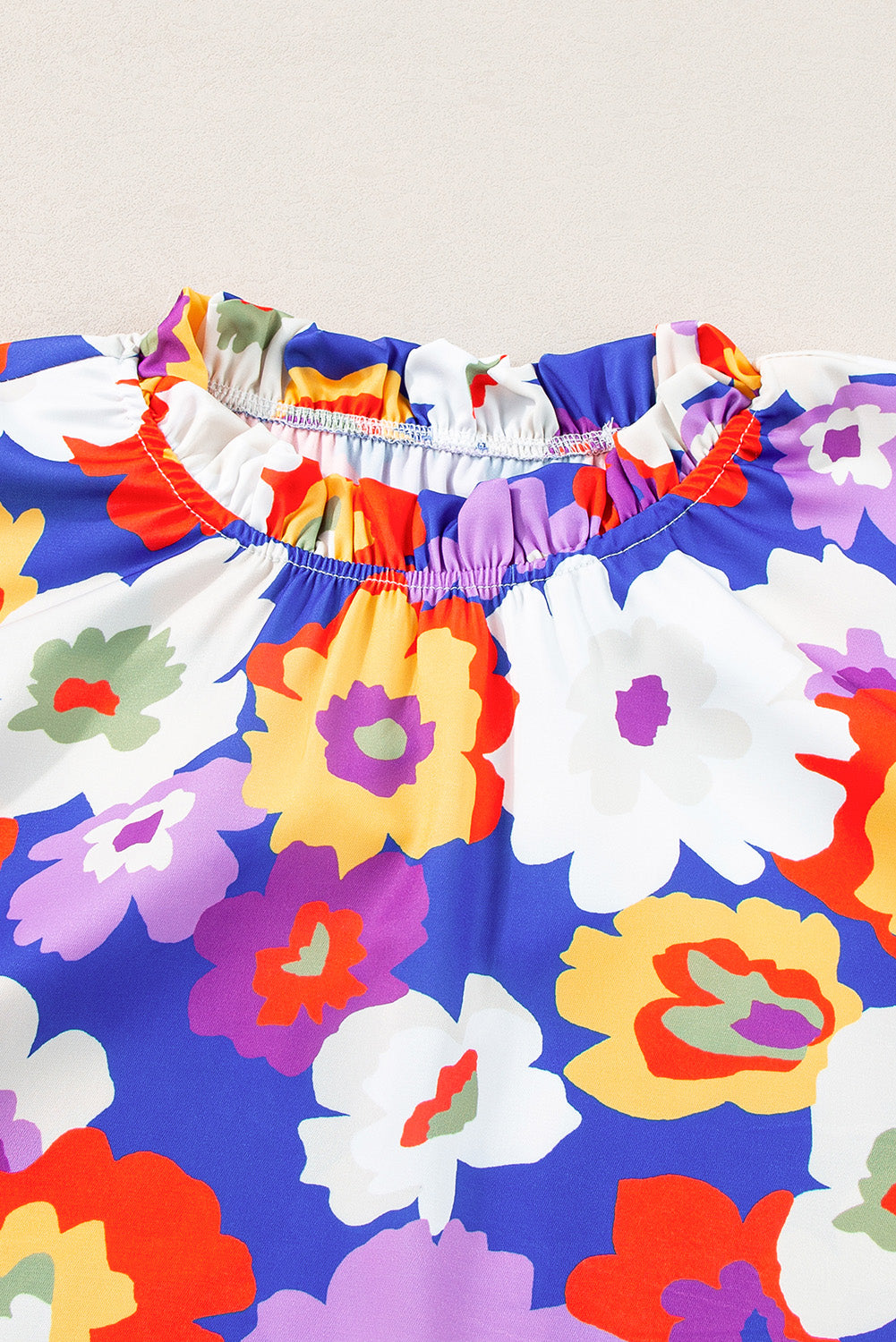 Multicolour Floral Print Frill Neck Puff Sleeve Blouse